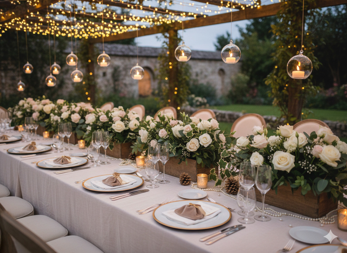 Elegant party table setup with flowers and decorations