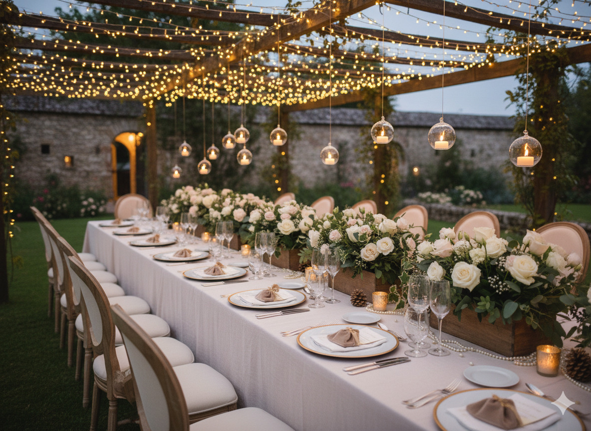 Beautifully decorated party space with flowers and candles