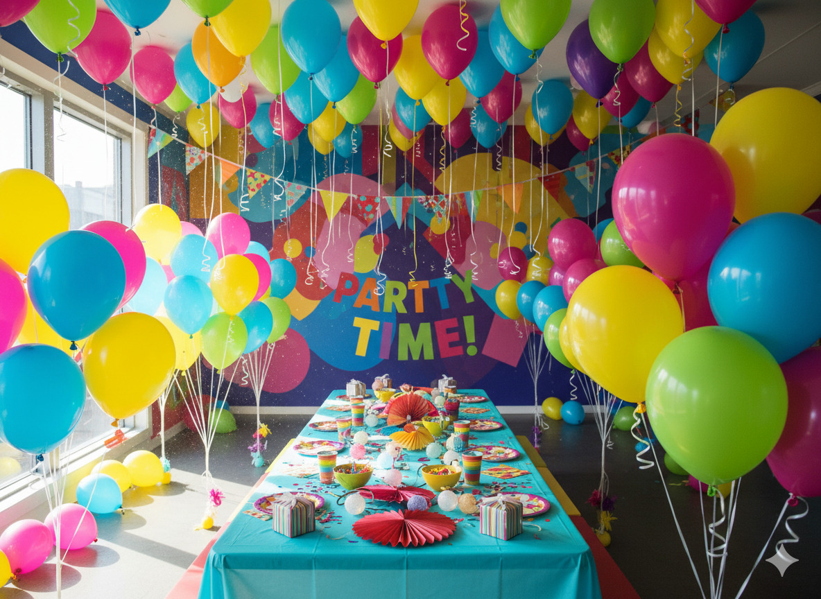 Colorful party decorations and balloons
